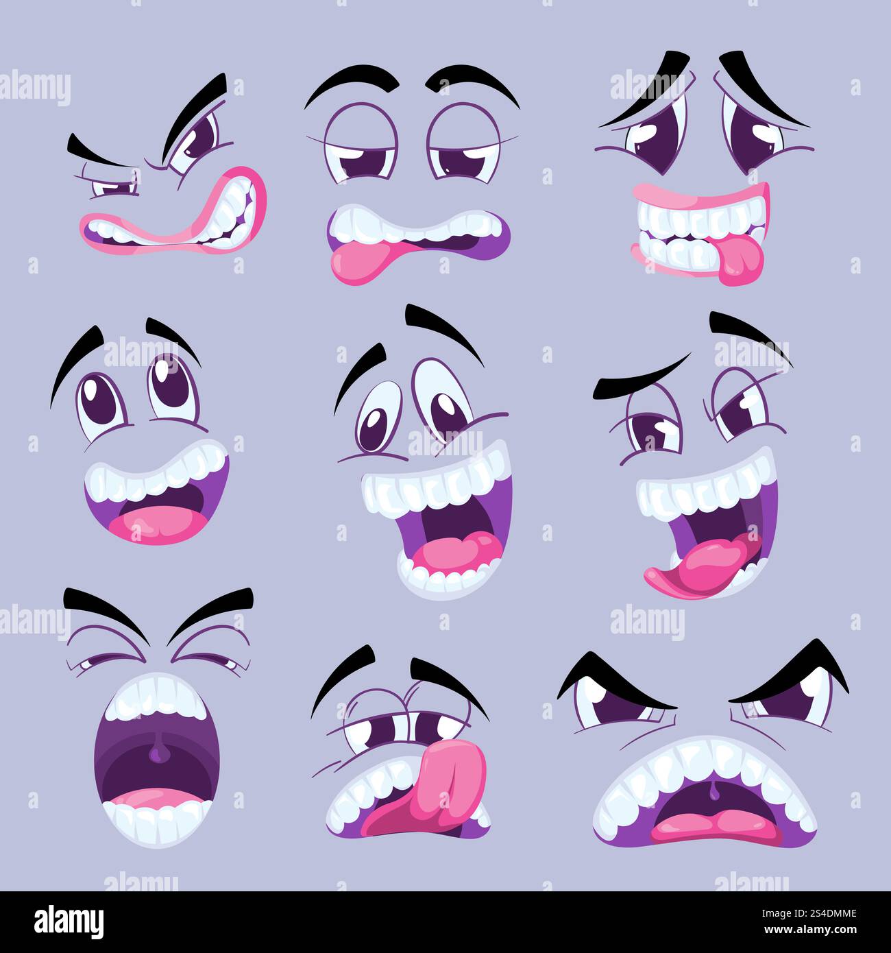 Dessins animés drôles de visages avec différentes expressions collection vectorielle. Visage de personnage avec expressions de variété, illustration de visage heureux. Dessins animés drôles de visages avec différentes expressions collection vectorielle Illustration de Vecteur