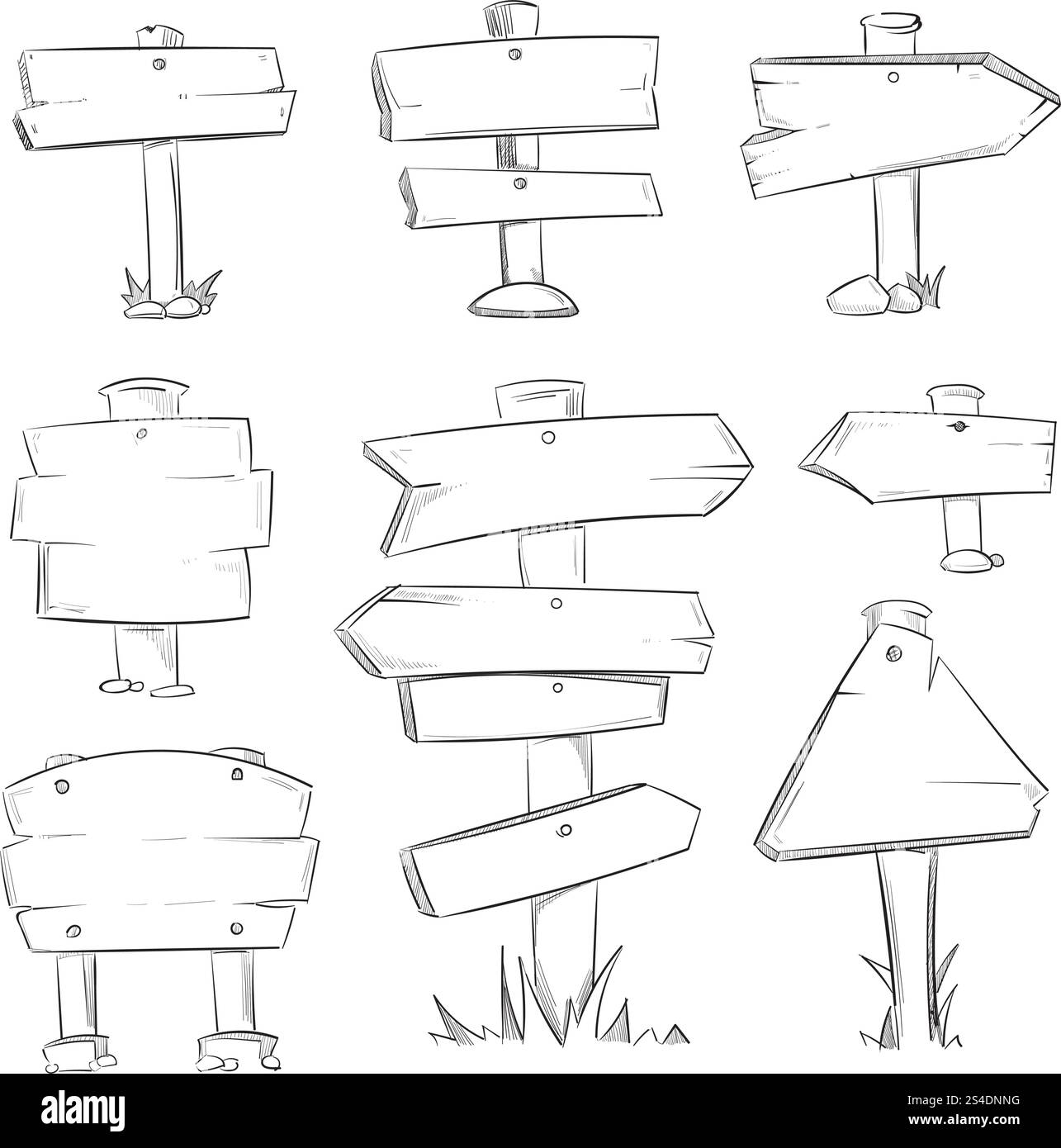 Ensemble de vecteur de panneaux en bois de route de dessin animé doodle. Flèche de bannière d'esquisse en bois, illustration de la flèche de symbole de dessin pour la direction d'ensemble de route. Ensemble de vecteur de panneaux en bois de route de dessin animé doodle Illustration de Vecteur