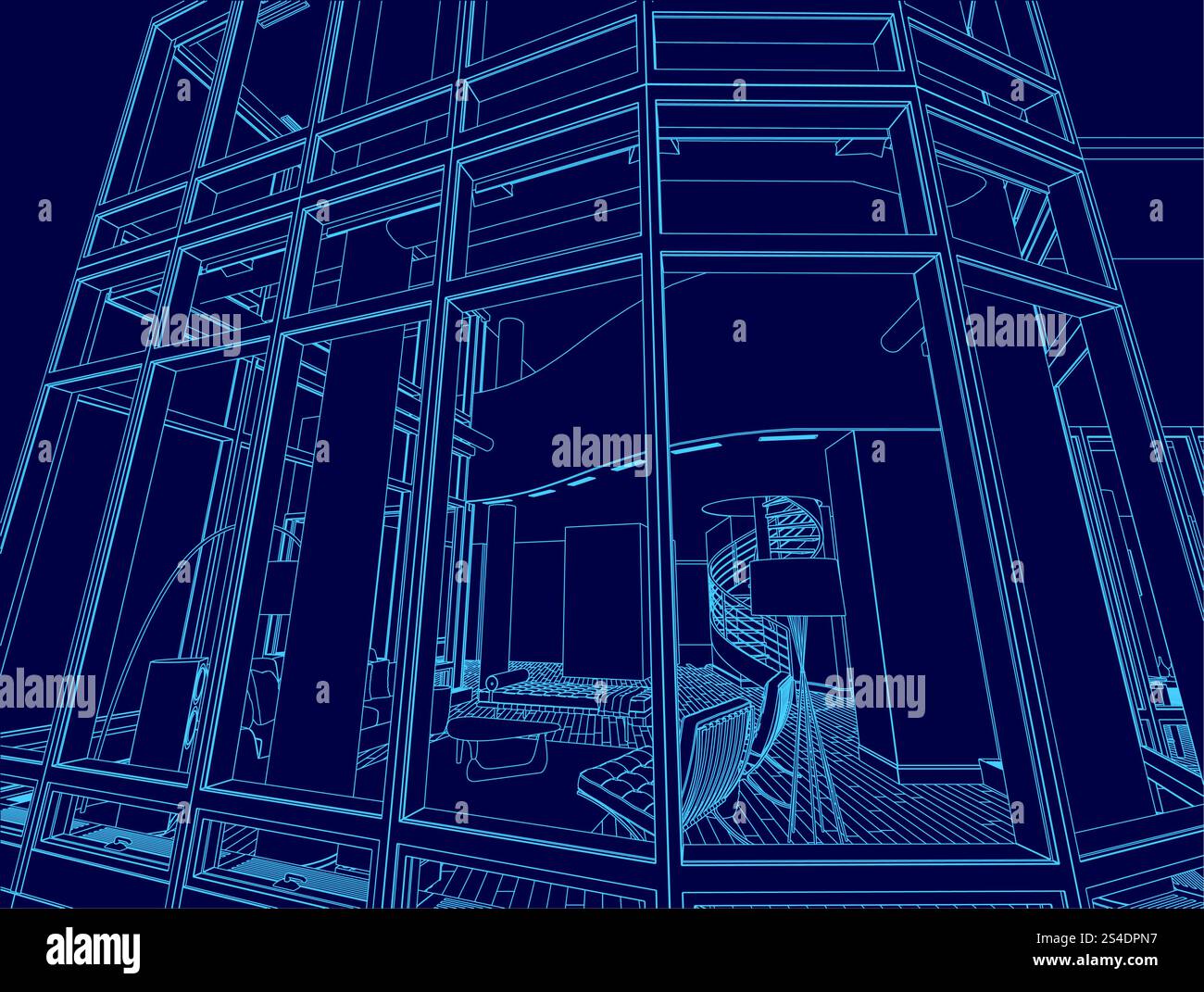 Dessin bleu d'un bâtiment avec un escalier en colimaçon. L'escalier est au milieu de la pièce et est entouré de meubles Illustration de Vecteur