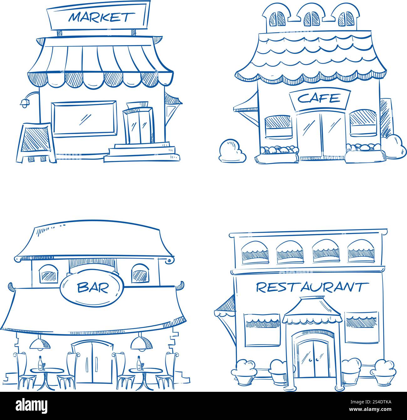 Magasin dessiné à la main, magasin, restaurant, café, bâtiments de bar. Collection vectorielle de doodle de bâtiments de croquis. Illustration de la construction du marché. Magasin dessiné à la main, magasin, restaurant, café, bâtiments de bar. Collection de doodle vectorielle Illustration de Vecteur