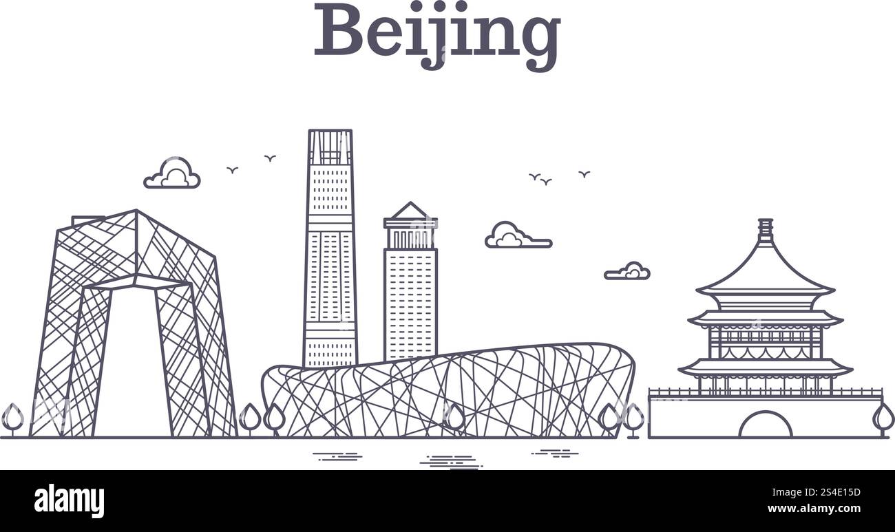 Illustration vectorielle panoramique de ligne d'horizon de Chine beijing. Ville de Pékin panoramique, célèbre architecture de pékin. Illustration vectorielle panoramique de ligne d'horizon de Chine beijing Illustration de Vecteur