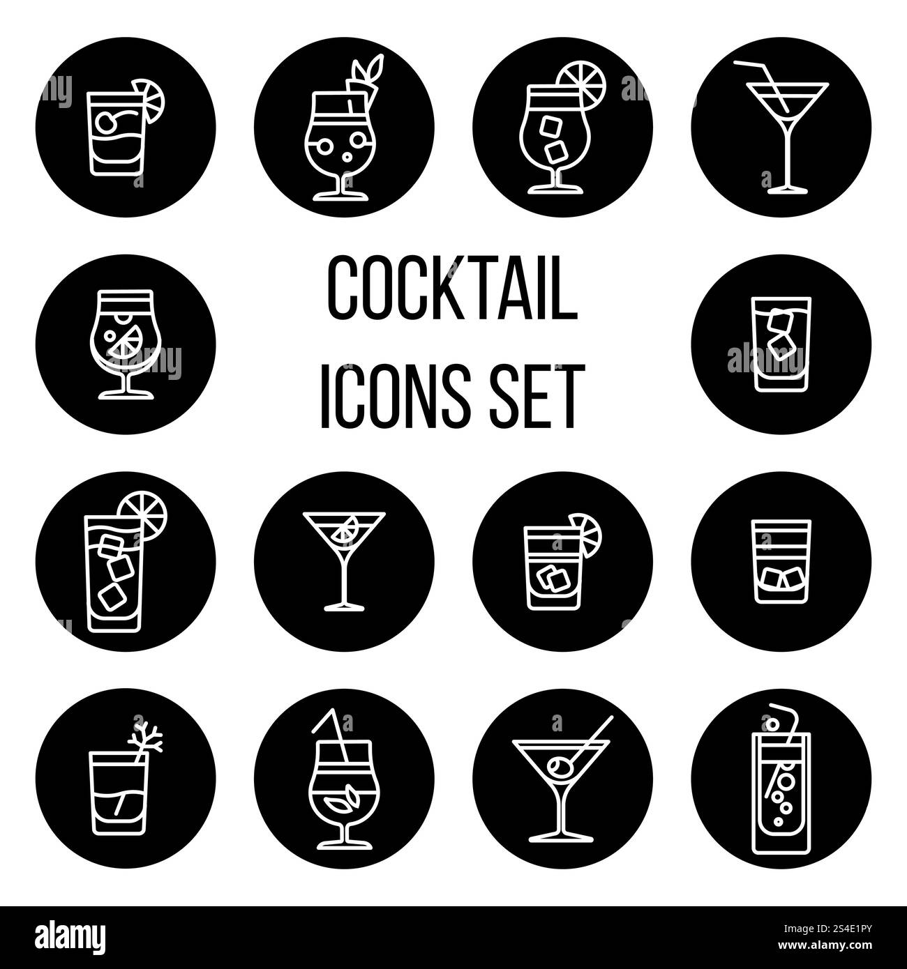 Icônes vectorielles de ligne mince cocktail définies en noir et blanc. Champagne en verre illustration. Icônes vectorielles de ligne mince cocktail définies en noir et blanc Illustration de Vecteur