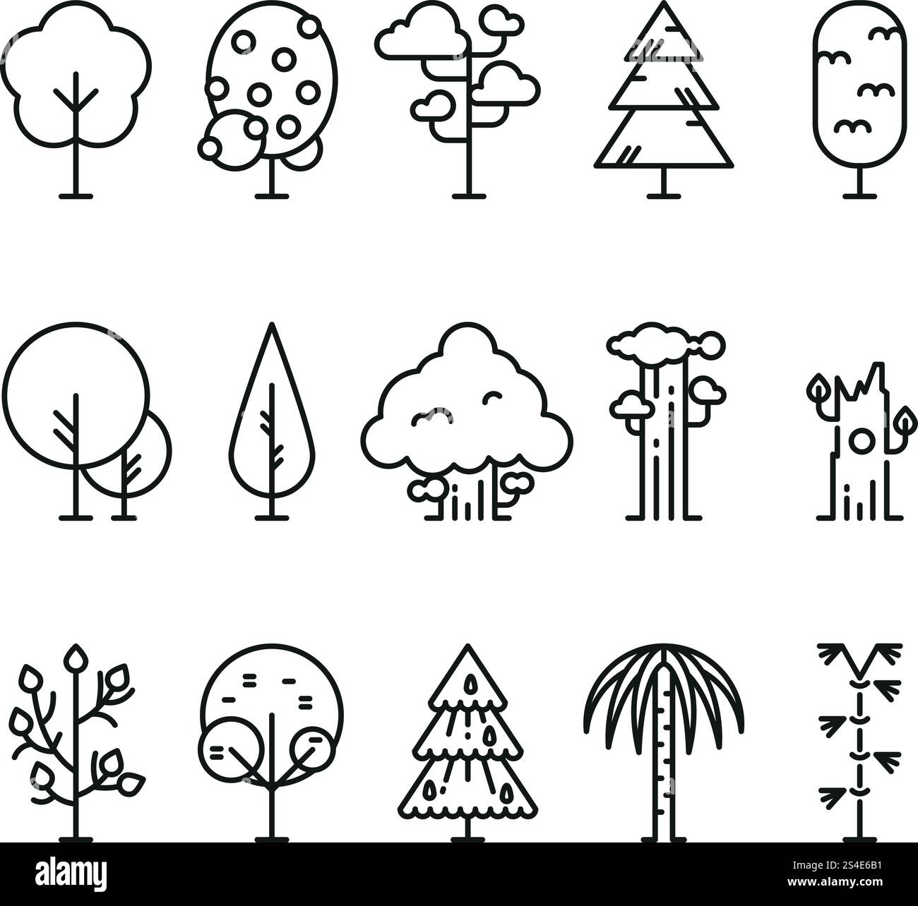 Arbres de lignes de contour simples primitifs. Symboles de plantes naturelles. Plante d'arbre linéaire, illustration de l'arbre forestier linéaire naturel. Arbres de lignes de contour simples primitifs. Symboles de plantes naturelles Illustration de Vecteur