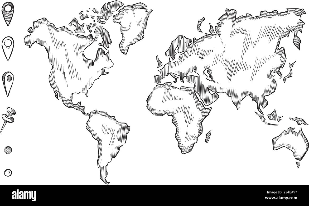 Dessinée à la main, carte du monde de croquis rugueux avec des épingles de doodle, carte du monde de croquis avec un ensemble d'épingles, illustration de la carte de dessin globale. Carte du monde dessinée à la main, croquis rugueux avec des épingles de doodle Illustration de Vecteur