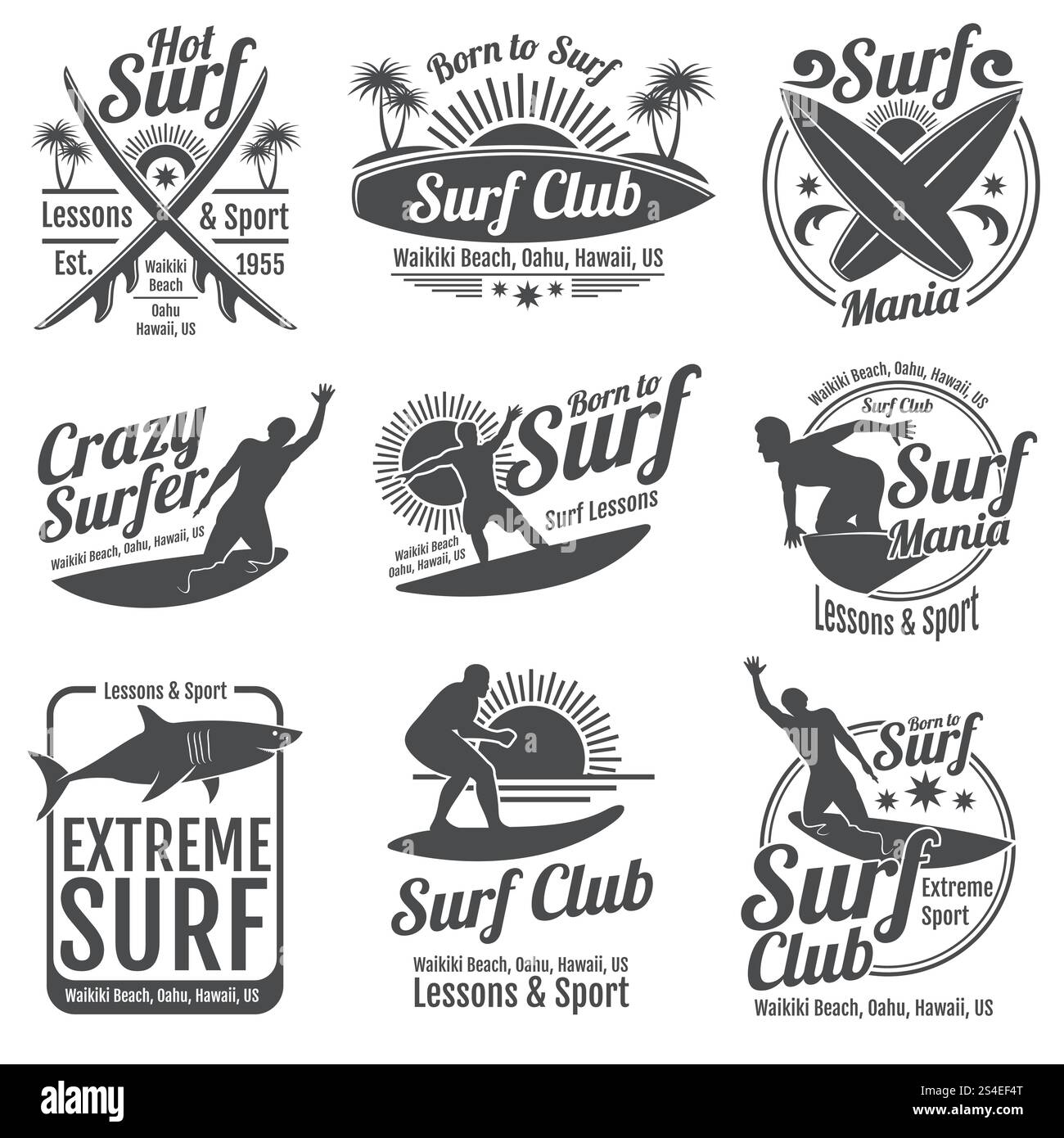 Emblèmes vintage de vecteur de club de surf. Planche de surf sur panneaux de vagues. Étiquettes de plage tropicale d'été. Emblème surf club illustration. Emblèmes vintage de vecteur de club de surf. Planche de surf sur panneaux de vagues Illustration de Vecteur