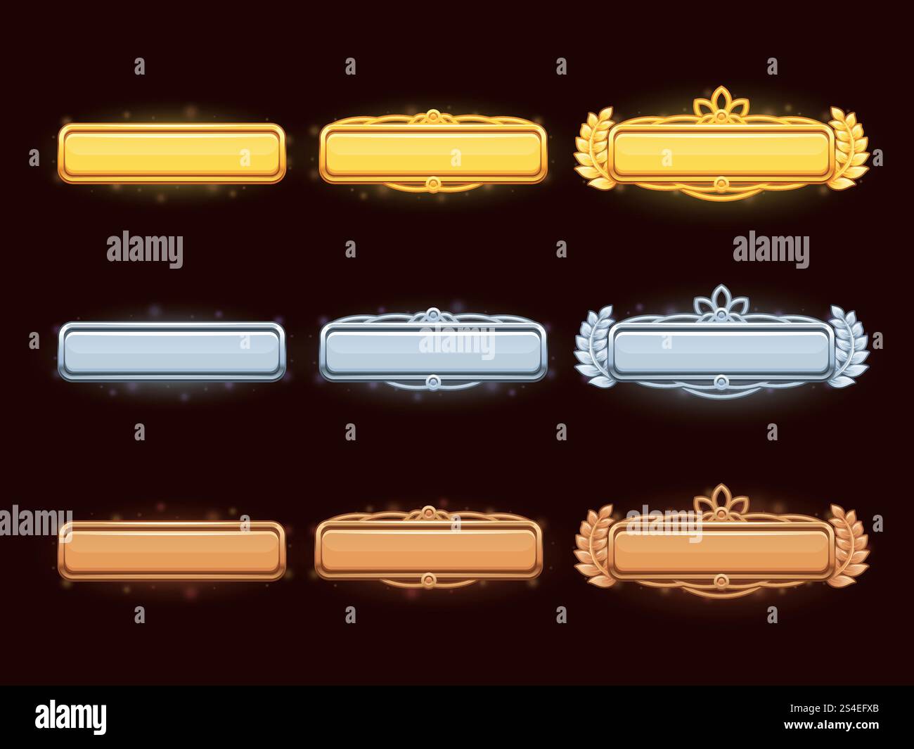 Bannières de titre vectoriel de dessin animé bronze, argent et or ou boutons d'interface utilisateur en métal définis pour l'illustration de conception de jeu. Bannières de titre de vecteur de dessin animé en bronze, argent et or Illustration de Vecteur