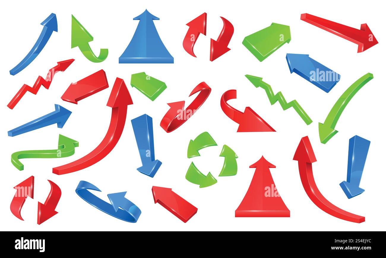 Flèches brillantes 3D multicolores. Pointage de signes vecteur ensemble de direction illustration de flèche colorée. Flèches brillantes 3D multicolores. Ensemble de vecteurs de signes de pointage Illustration de Vecteur