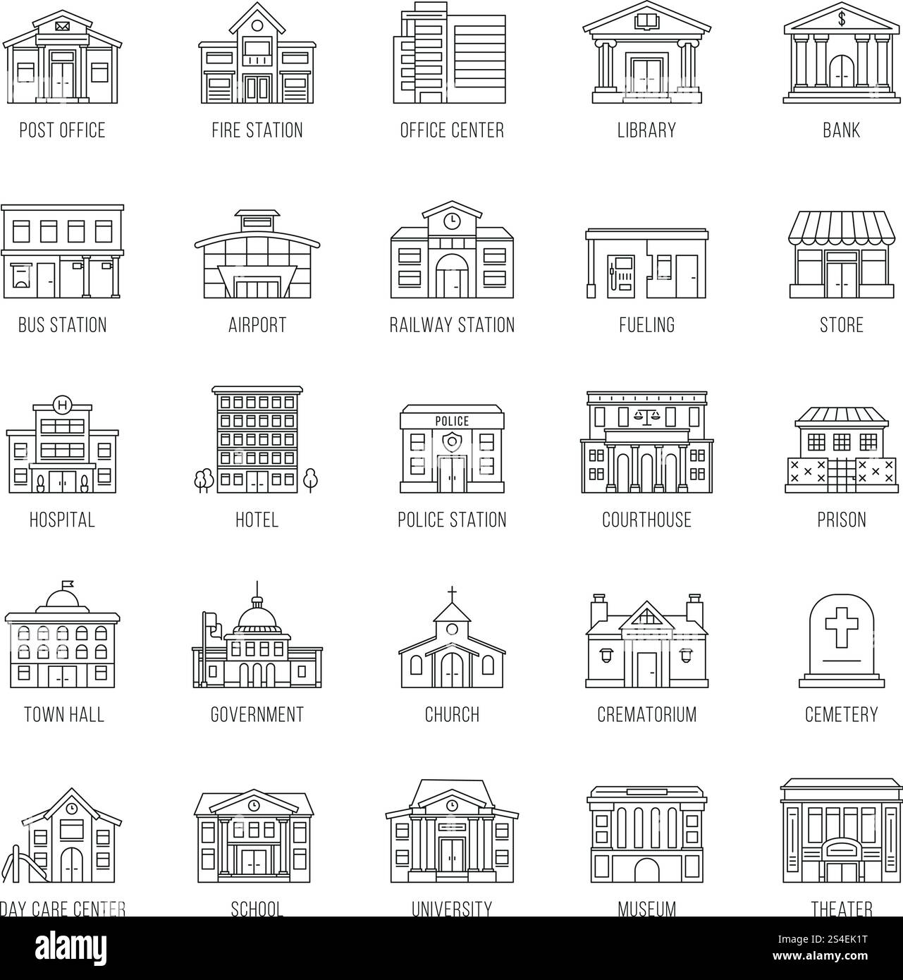 Ensembles d'icônes de ligne mince de vecteur de bâtiments gouvernementaux. Bâtiment maison police et palais de justice, illustration des bâtiments prison et église. Ensembles d'icônes de ligne mince de vecteur de bâtiments gouvernementaux Illustration de Vecteur