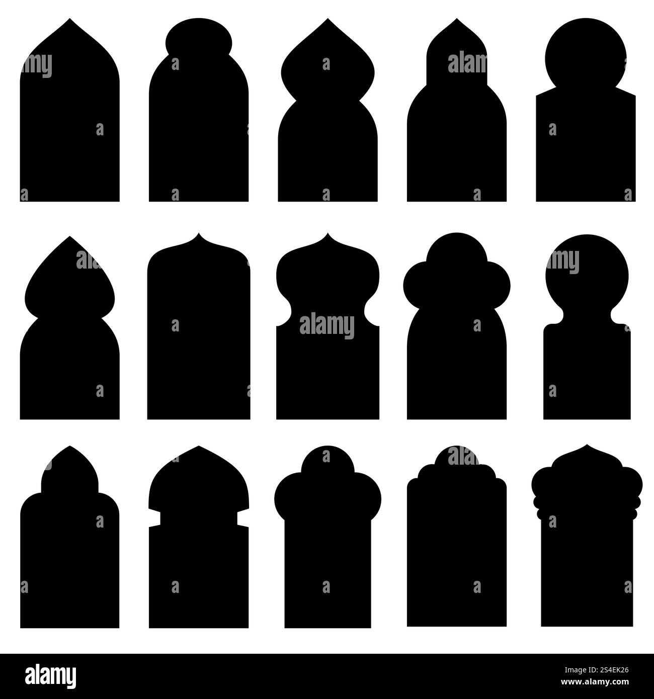Fenêtres et portes arquées arabes dans les silhouettes vectorielles traditionnelles de style islamique. Illustration de silhouettes noires porte et fenêtre. Fenêtres et portes arquées arabes dans les silhouettes vectorielles traditionnelles de style islamique Illustration de Vecteur