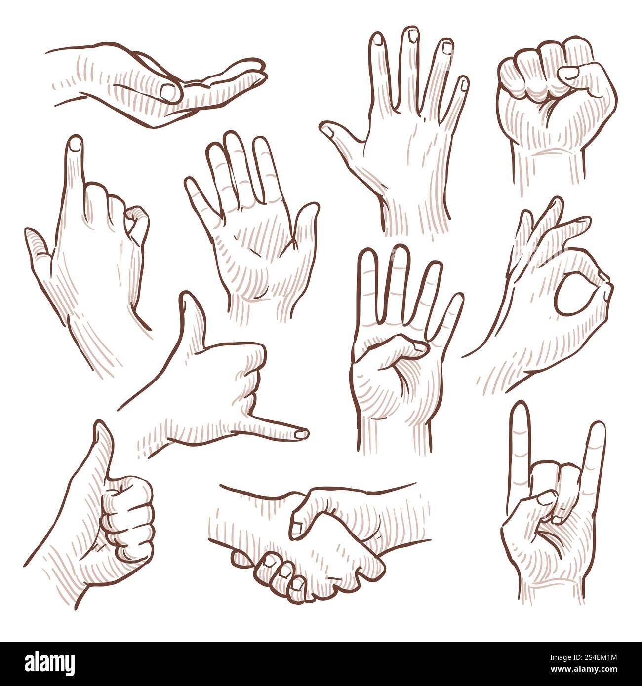 Dessin au trait des mains griffonneuses montrant la collection vectorielle de signes communs. Main gestuelle pour la communication, illustration des mains esquissées. Dessin au trait des mains griffonneuses montrant la collection vectorielle de signes communs Illustration de Vecteur
