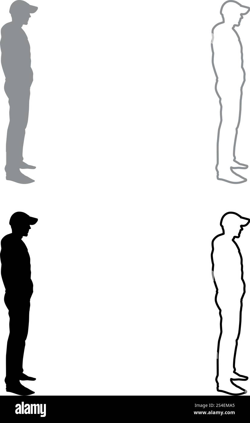 Homme debout en vue de côté avec Icon Set vector illustration couleur gris noir style plat contour simple image Illustration de Vecteur