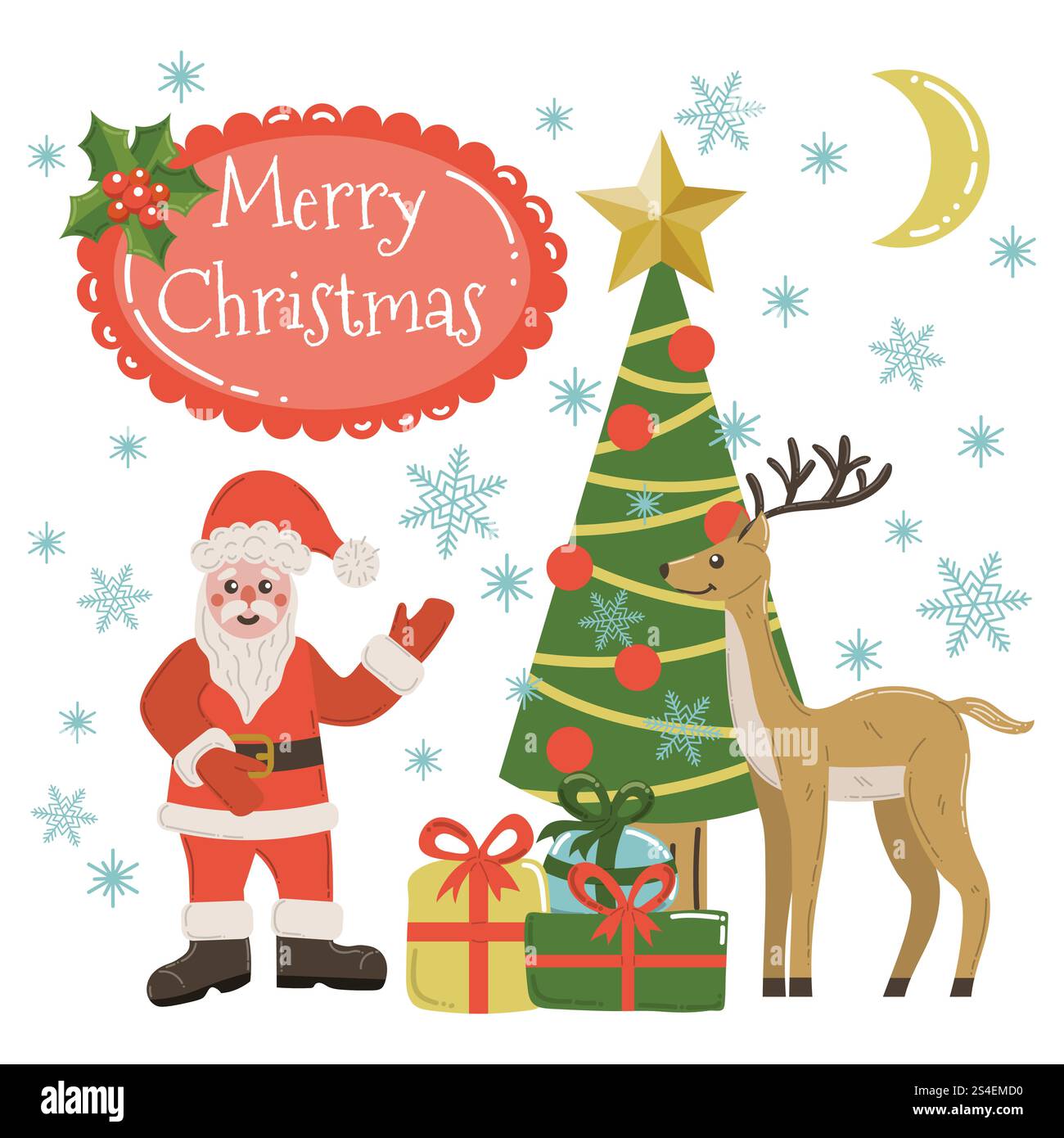 Mignon dessin animé carte de voeux joyeux Noël avec le Père Noël, des cadeaux et des cerfs. Illustration de Vecteur Mignon dessin animé carte de voeux joyeux Noël avec le Père Noël, des cadeaux et des cerfs. Illustration de Vecteur