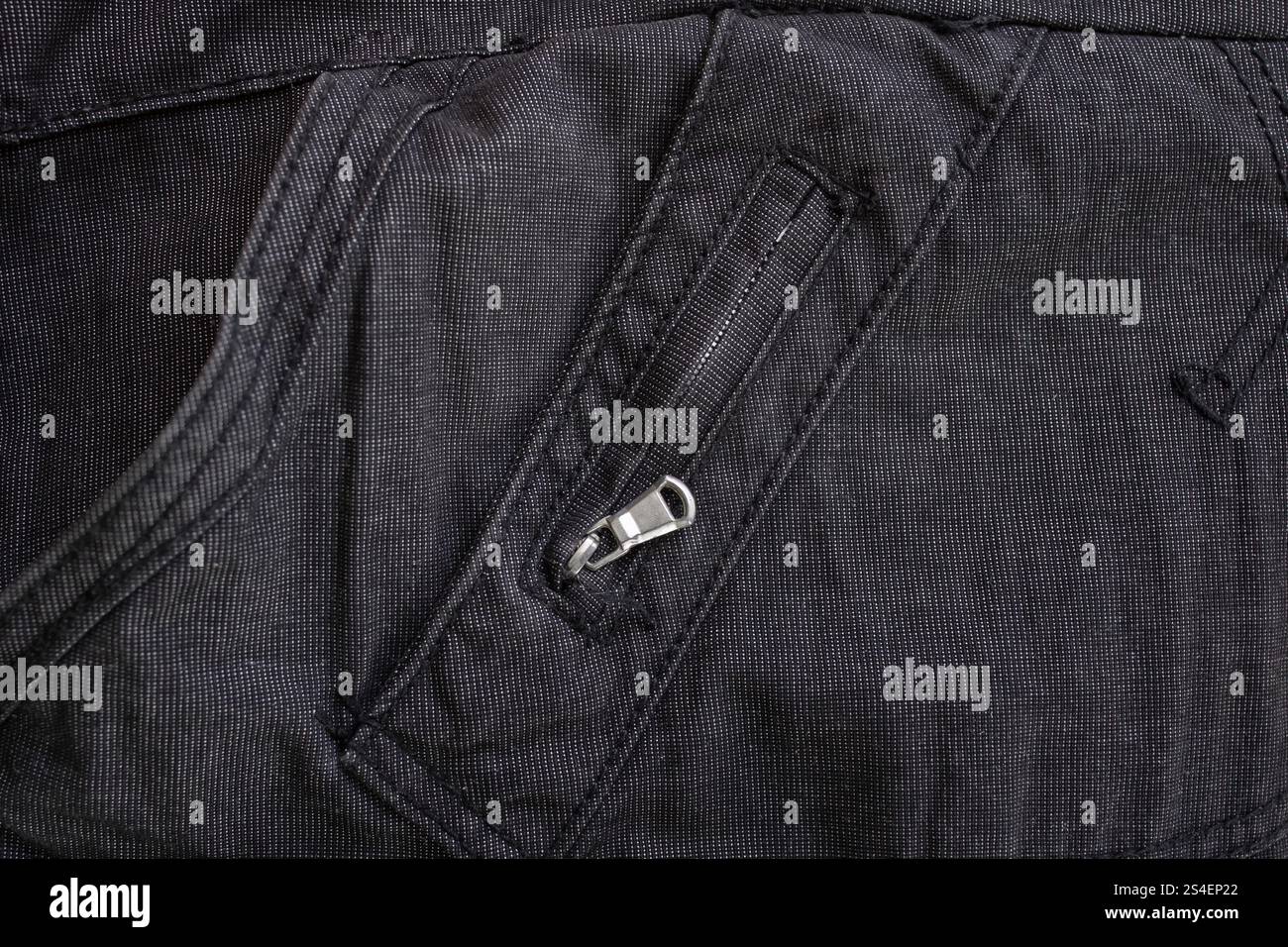 Texture de Jean noir avec motif de couture et fermeture éclair, gros plan abstrait Banque D'Images