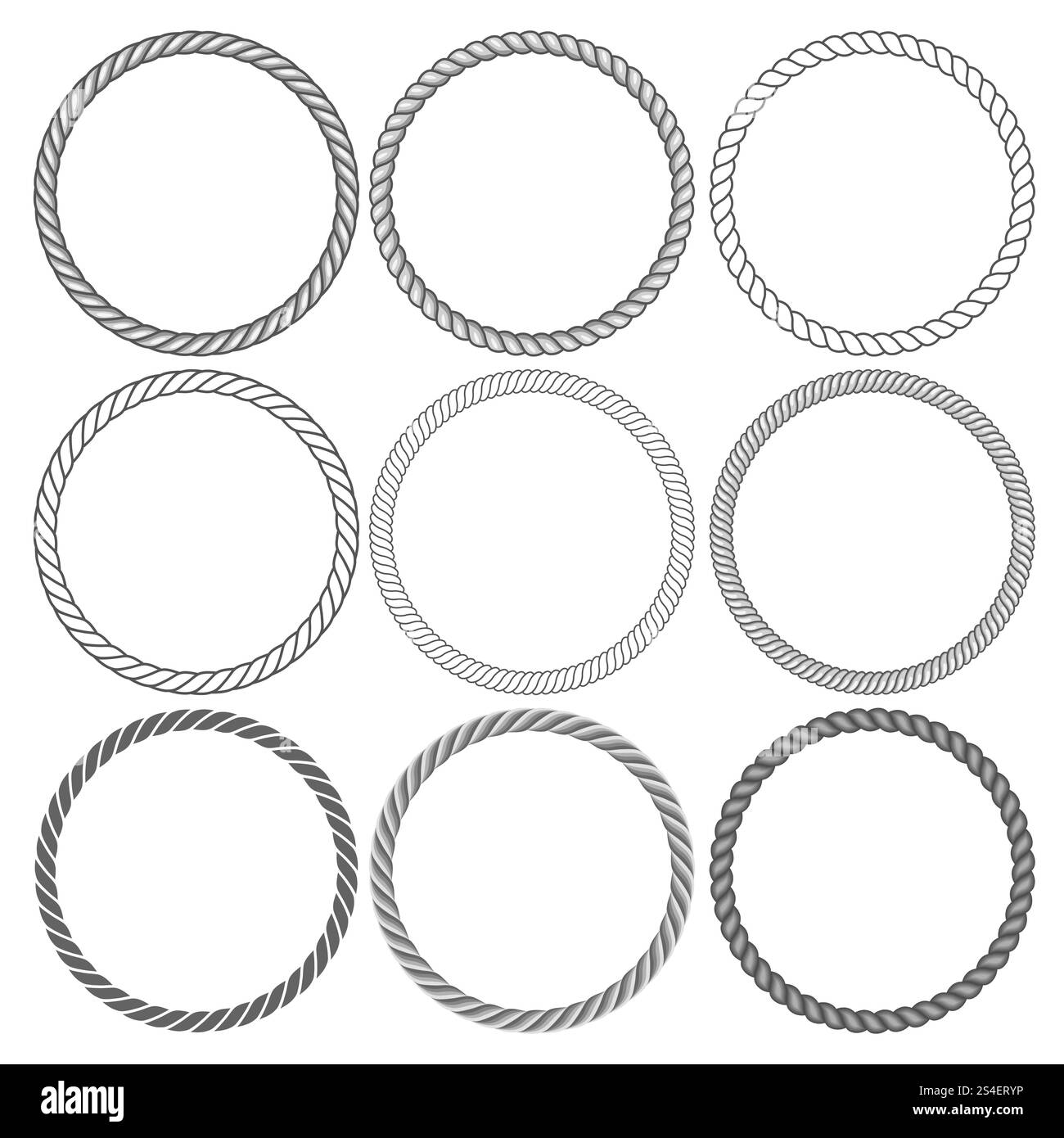 Collection de cadres de corde ronds sur fond blanc. Collection d'éléments décoratifs ronds. Illustration vectorielle. Collection de cadres de corde ronds sur fond blanc Illustration de Vecteur