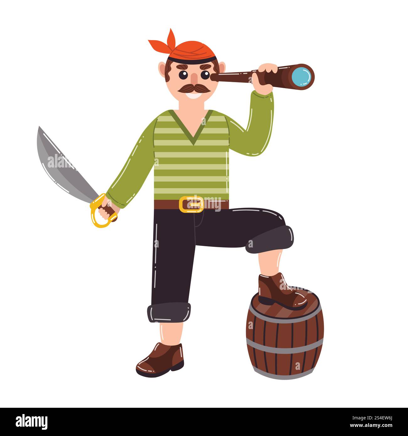Pirate de bande dessinée avec spyglass, sabre et baril dans un style plat. Illustration de Vecteur