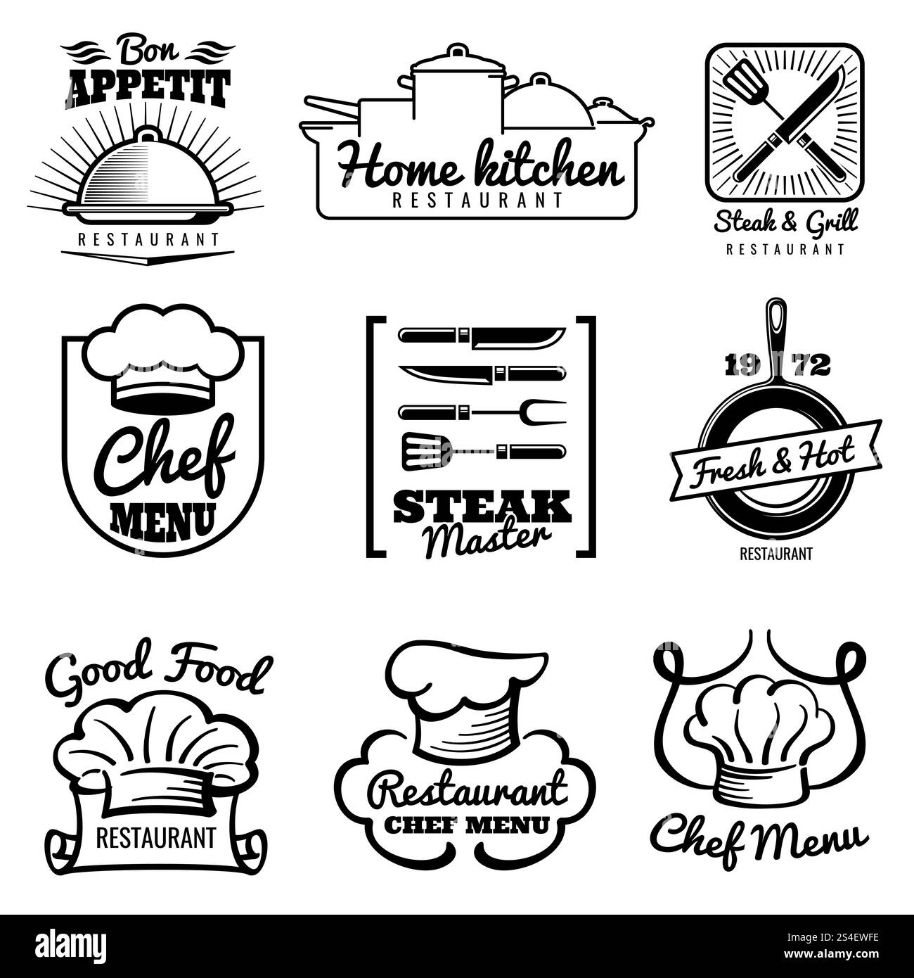 Logo vintage de vecteur de restaurant. Étiquettes de chef rétro. Cuisiner dans les emblèmes de cuisine. Étiquette cuisine maison, illustration fraîche et chaude. Logo vintage de vecteur de restaurant. Étiquettes de chef rétro. Cuisiner dans les emblèmes de cuisine Illustration de Vecteur