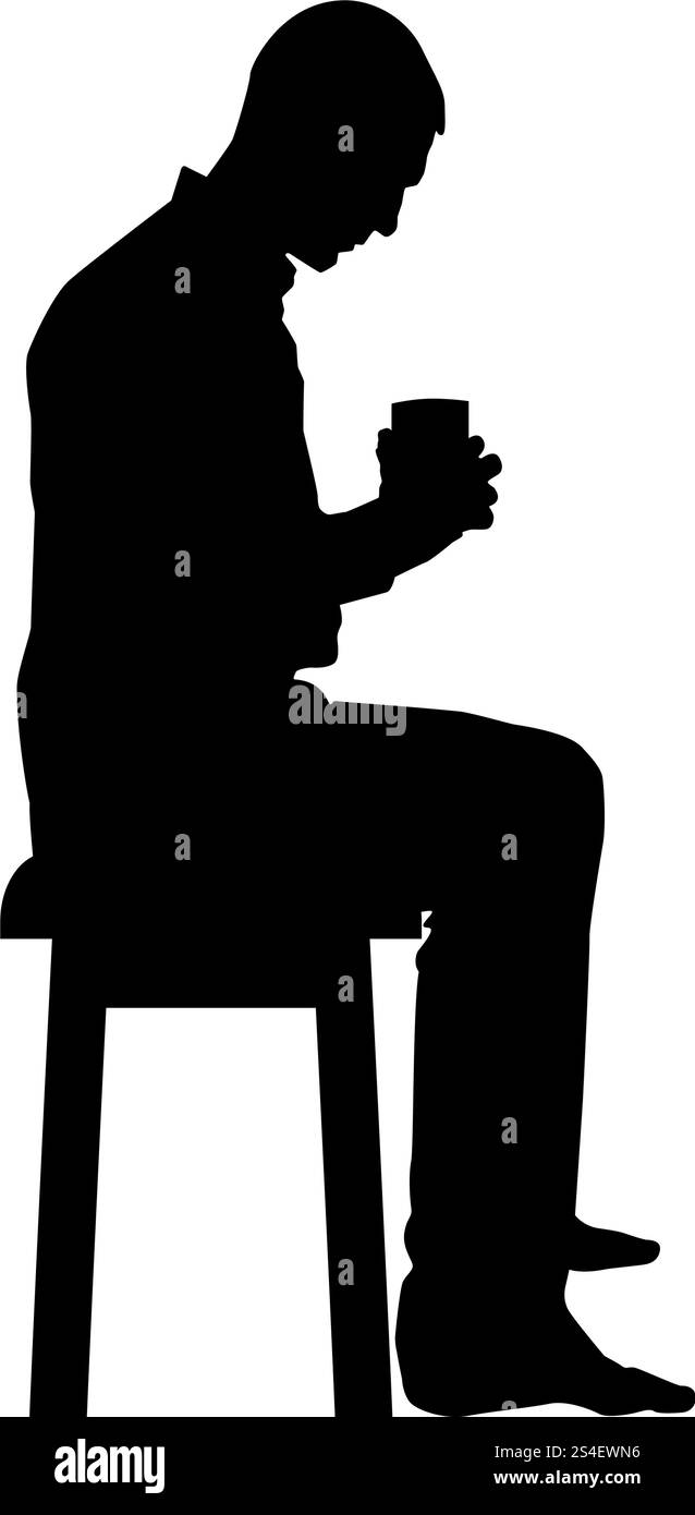 Homme tenant une tasse et regardant le contenu à l'intérieur tout en étant assis sur le concept de tabouret de calme et de confort à la maison icône de vecteur de couleur noire illustration de style plat image simple Illustration de Vecteur