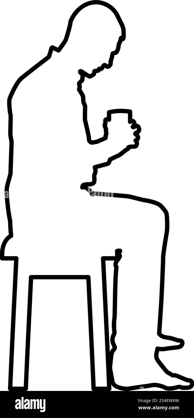 Homme tenant une tasse et regardant le contenu à l'intérieur tout en étant assis sur le concept de tabouret de calme et de confort à la maison icône de vecteur de couleur noire illustration de style plat image simple Illustration de Vecteur