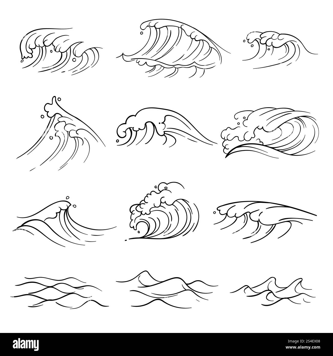 Ensemble de vecteurs de vagues océaniques dessinés à la main. Vague de tempête de mer isolée. Illustration de style linéaire de tempête d'eau de vague de la nature. Ensemble de vecteurs de vagues océaniques dessinés à la main. Vague de tempête de mer isolée Illustration de Vecteur