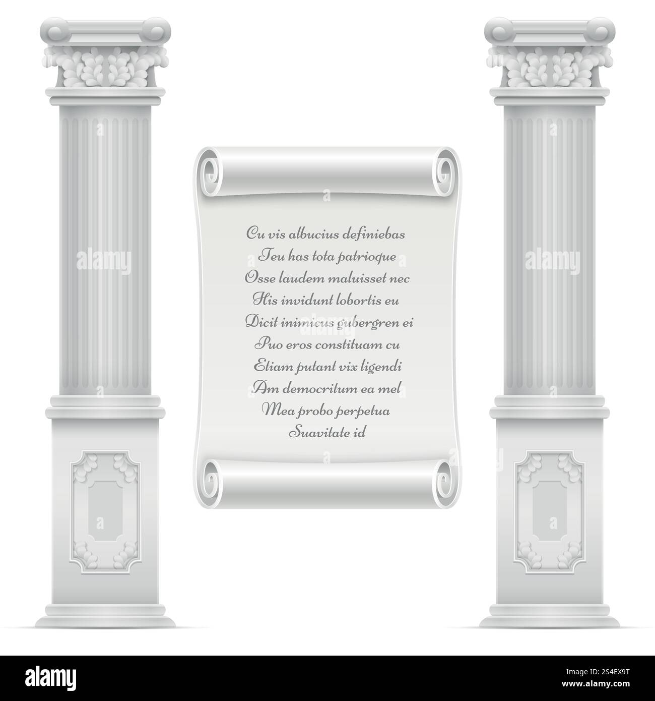 Conception d'architecture romaine antique avec colomnes en pierre de marbre et texte sur la pierre de parchemin murale, texte gravé vectoriel sur l'illustration en marbre. Architecture romaine antique avec colomnes en pierre de marbre et texte sur le mur Illustration de Vecteur