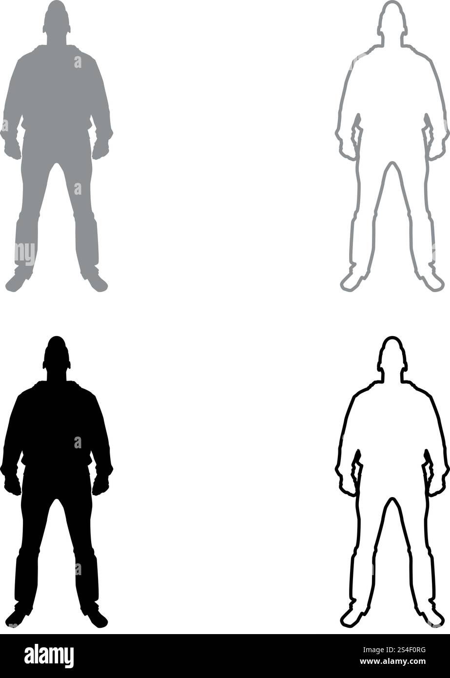 Homme debout dans la vue avec icon set avant couleur gris noir contour d'illustration vectorielle simple image style plat Illustration de Vecteur