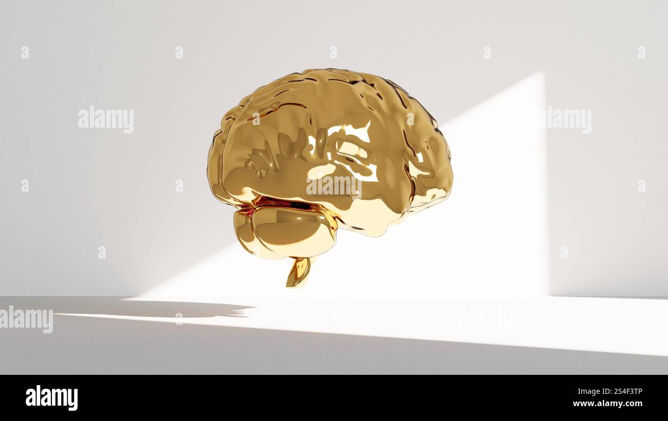 Cerveau doré dans une pièce vide rendu 3D. Banque D'Images