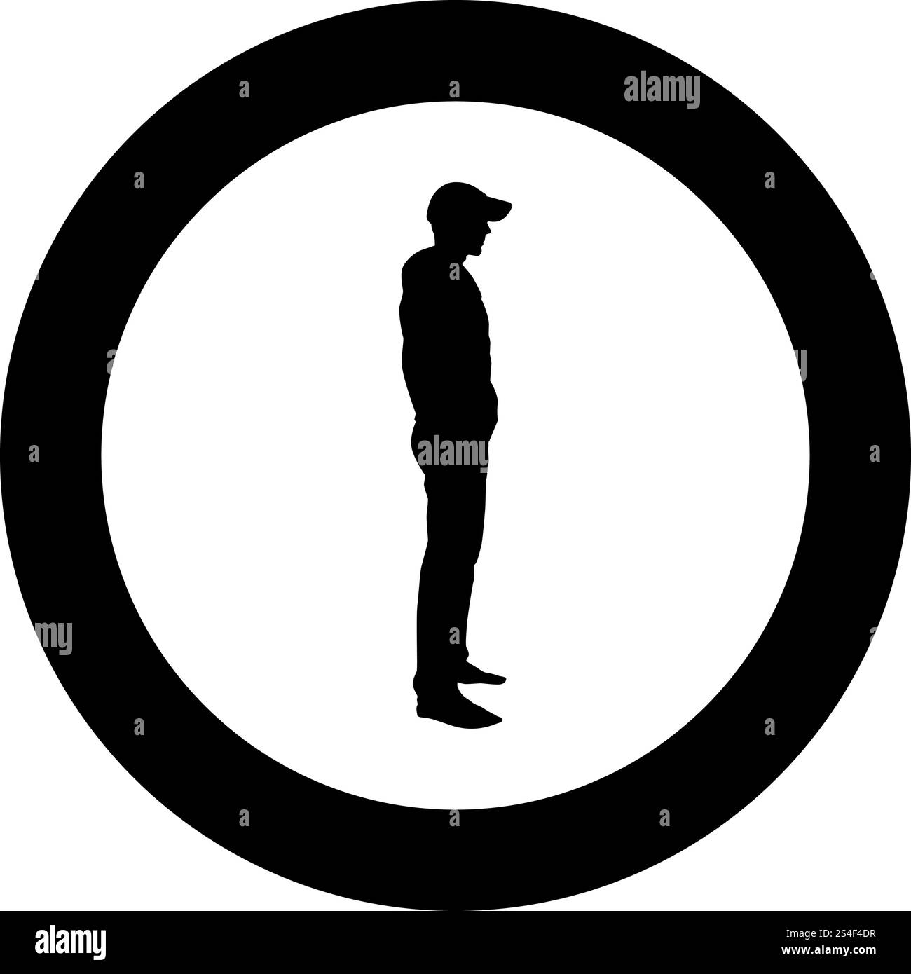 Homme debout dans la vue de chapeau avec l'icône latérale vecteur de couleur noire dans le cercle rond illustration plat style image simple. Homme debout dans la vue de chapeau avec l'icône latérale vecteur de couleur noire dans l'image de style plat d'illustration ronde de cercle Illustration de Vecteur