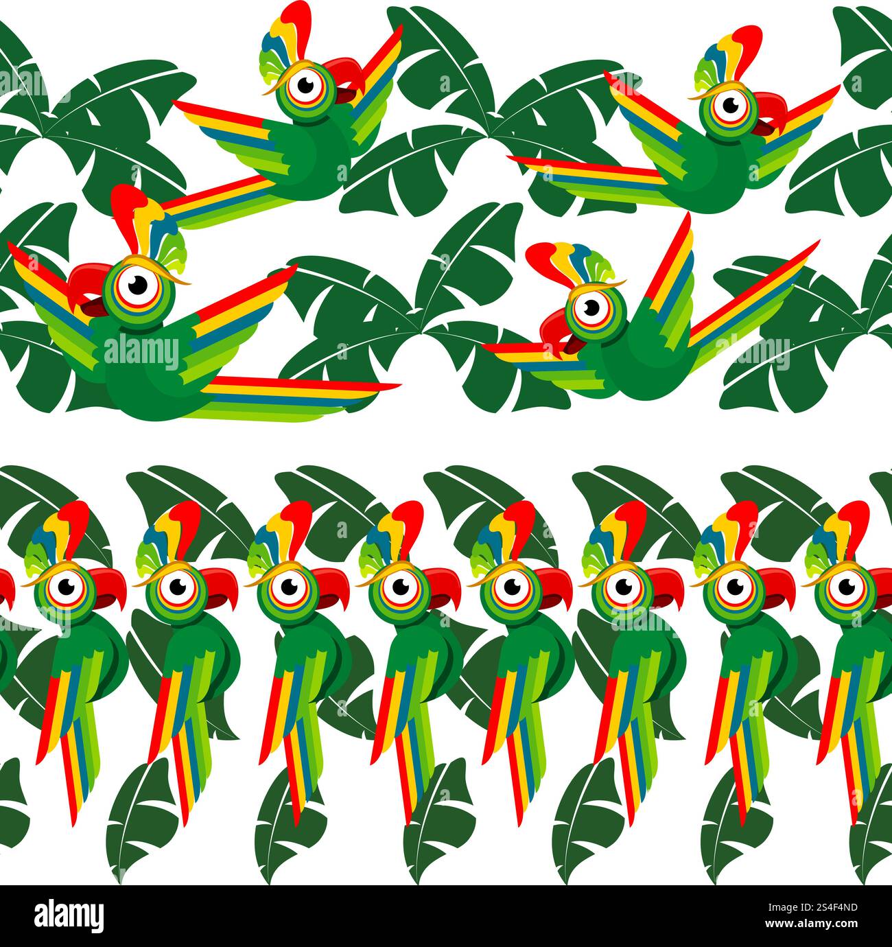 Design tropical de bordures sans couture avec feuilles de palmier et perroquets. Illustration vectorielle. Design tropical sans couture avec feuilles de palmier et perroquets Illustration de Vecteur