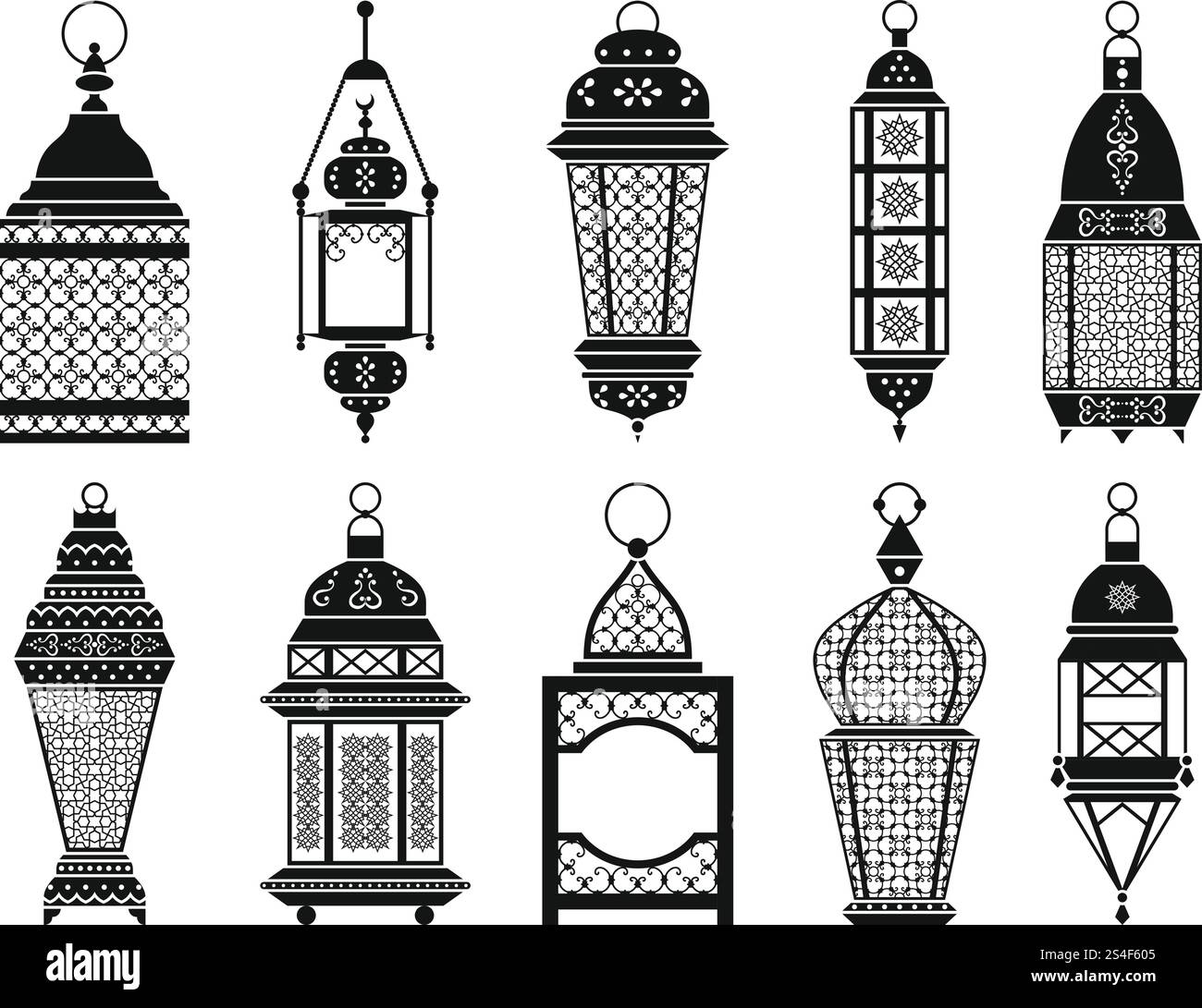 Silhouette vectorielle de lanternes arabes vintage et de lampes isolent sur fond blanc. Lanterne noire pour ramadan, illustration de lanterne monochrome. Silhouette vectorielle de lanternes arabes vintage et de lampes isolent sur fond blanc Illustration de Vecteur