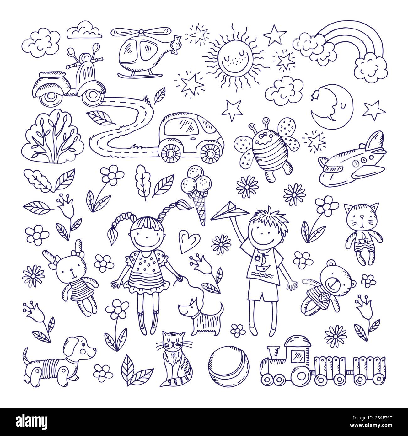 Les enfants rêvent. Illustration dessinée à la main de vecteur de garçon et de fille. Animaux de compagnie et jouets différents. Hélicoptère dessiné à la main, jouets de dessin animé et animal. Les enfants rêvent. Illustration dessinée à la main de vecteur de garçon et de fille. Animaux de compagnie et jouets différents Illustration de Vecteur