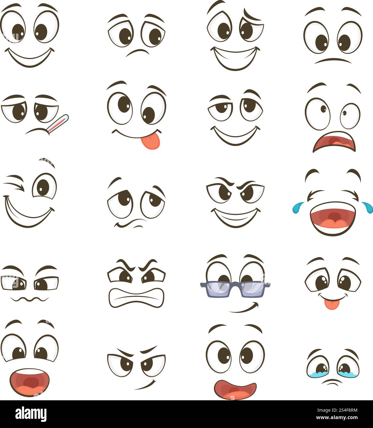 Dessins animés des visages heureux avec différentes expressions. Illustration vectorielle. Heureux visage émotion, personnage drôle émoticône caricature. Dessins animés des visages heureux avec différentes expressions. Illustrations vectorielles Illustration de Vecteur