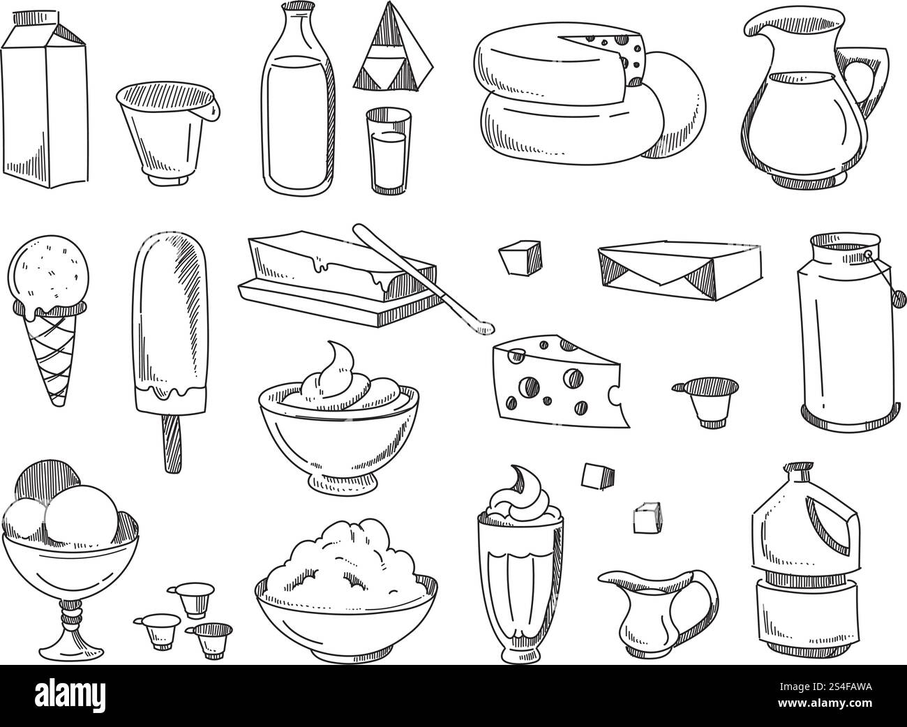 Doodle produits laitiers et laitiers. Icônes tracées à la main de vecteur. Ensemble de produits laitiers pour le petit déjeuner, illustration de produits laitiers frais. Doodle produits laitiers et laitiers. Icônes tracées à la main de vecteur Illustration de Vecteur