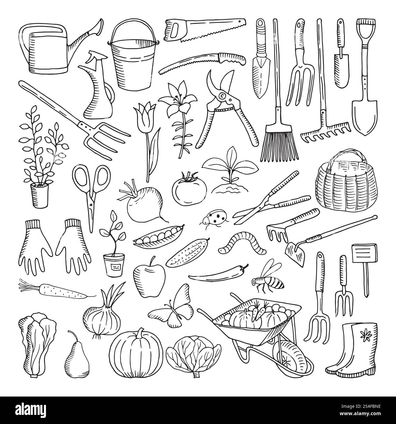 Outils dessinés à la main pour l'agriculture et le jardinage. Doodle de l'environnement naturel. Agriculture et équipements agricoles brouette et sécateur, illustration des outils agricoles. Outils dessinés à la main pour l'agriculture et le jardinage. Doodle de l'environnement naturel Illustration de Vecteur
