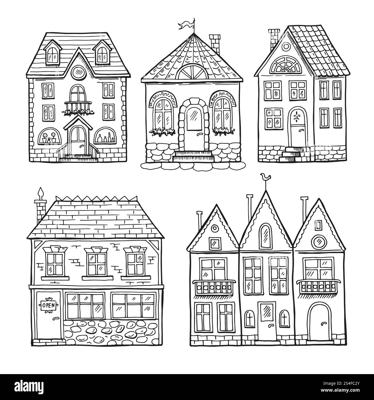 Drôles de doodle Houses. Ensemble d'illustrations vectorielles dessinées à la main. Architecture maison croquis graphique, immeuble d'appartements pouvant être utilisé Drôles de doodle Houses. Ensemble d'illustrations vectorielles dessinées à la main Illustration de Vecteur
