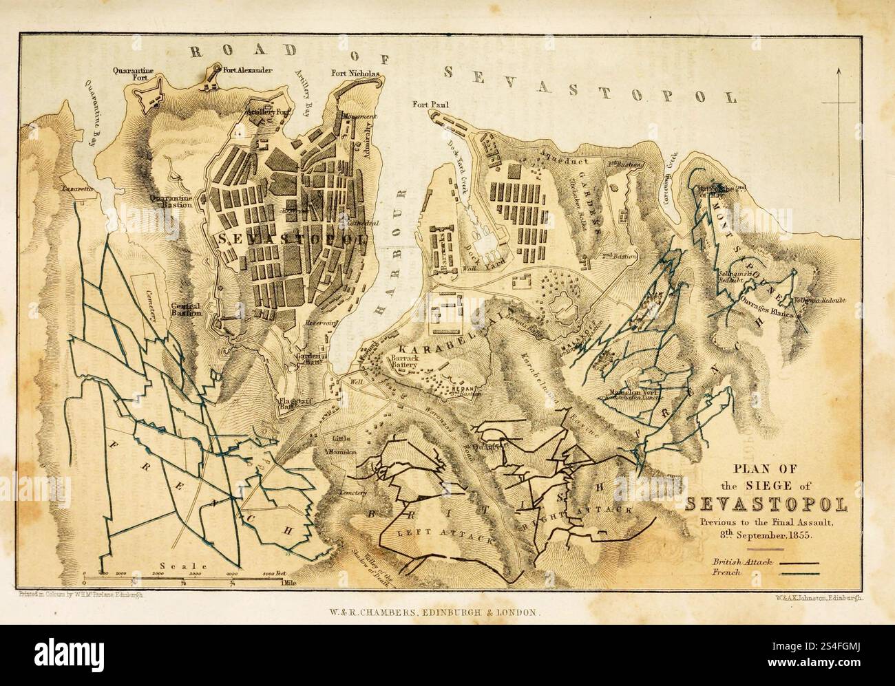 Carte vintage de la guerre de Crimée : Plan du siège de Sébastopol précédent l'assaut final, 8 septembre 1855 Banque D'Images
