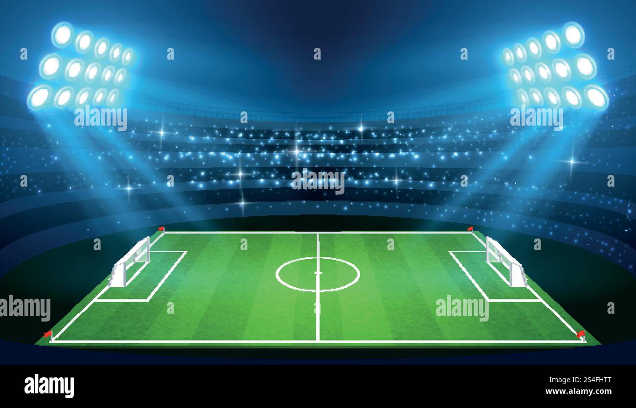 Stade de football avec terrain de football vide et illustration vectorielle des projecteurs. Stade pour le football avec terrain vide vert. Stade de football avec terrain de football vide et illustration vectorielle des projecteurs Illustration de Vecteur