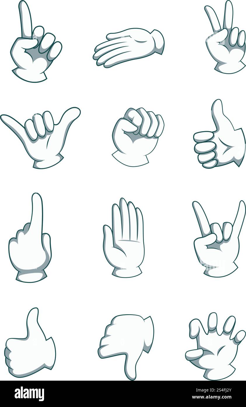 Mains de dessin animé dans différentes positions. Les illustrations vectorielles de parties du corps isolent sur blanc. Palme humaine de dessin animé, main avec le pouce vers le haut. Mains de dessin animé dans différentes positions. Les illustrations vectorielles de parties du corps isolent sur blanc Illustration de Vecteur