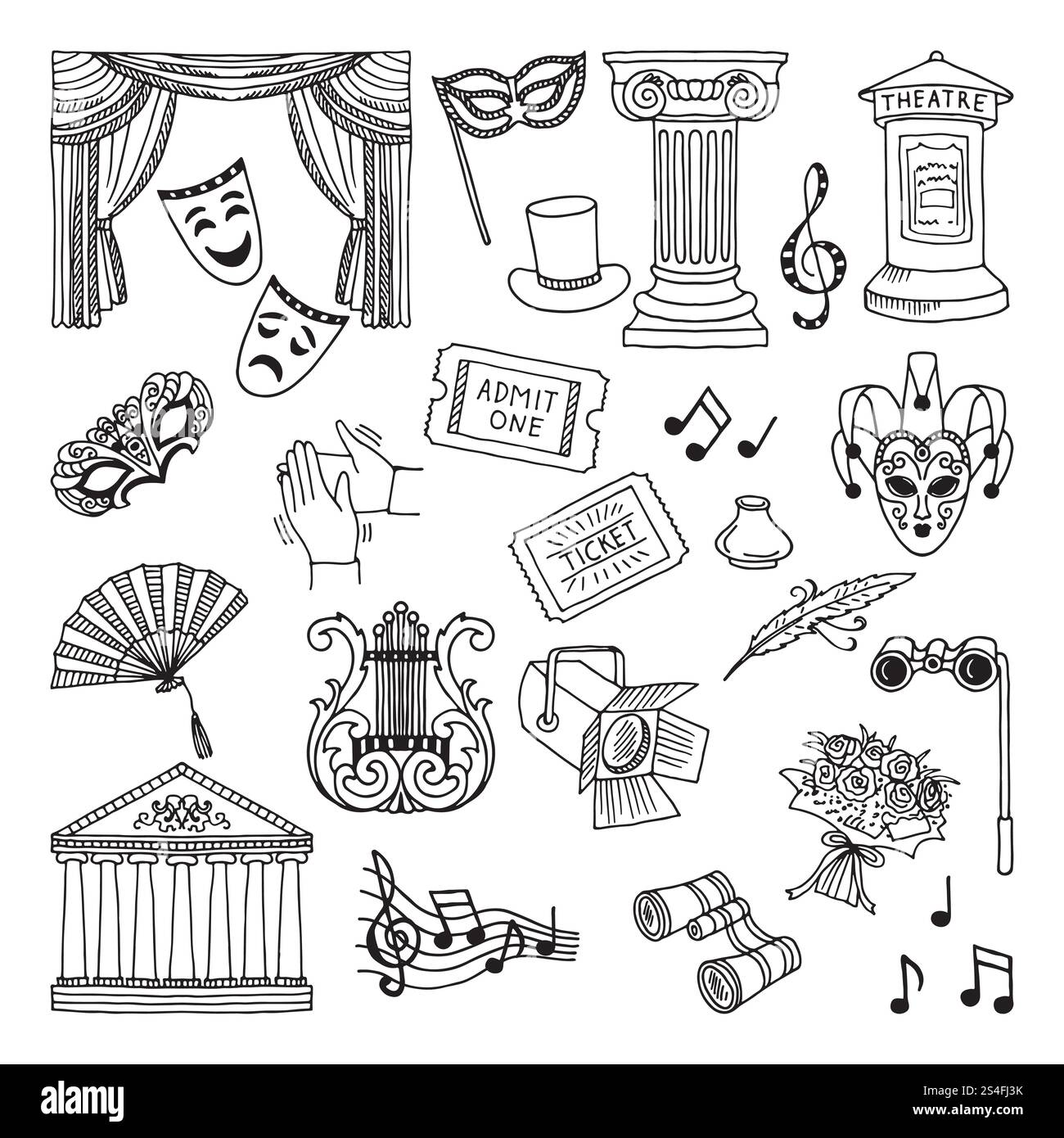 Ensemble d'illustration Doodle de symboles de théâtre. Lires, jumelles, masques. Icônes vectorielles d'opéra jumelles et vecteur d'affichage d'opéra. Ensemble d'illustration Doodle de symboles de théâtre. Lires, jumelles, masques. Icônes vectorielles Opera Illustration de Vecteur