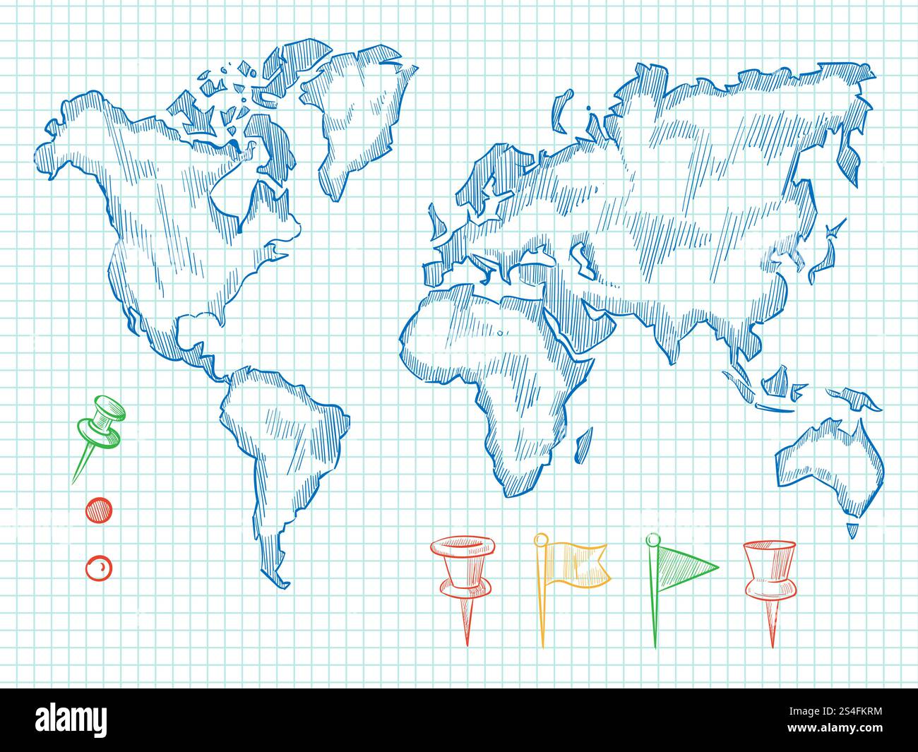 Carte du monde dessinée à la main et épingles de griffonnage colorées sur le dos de l'ordinateur portable. Illustration vectorielle. Carte du monde dessinée à la main et épingles de doodle colorées Illustration de Vecteur