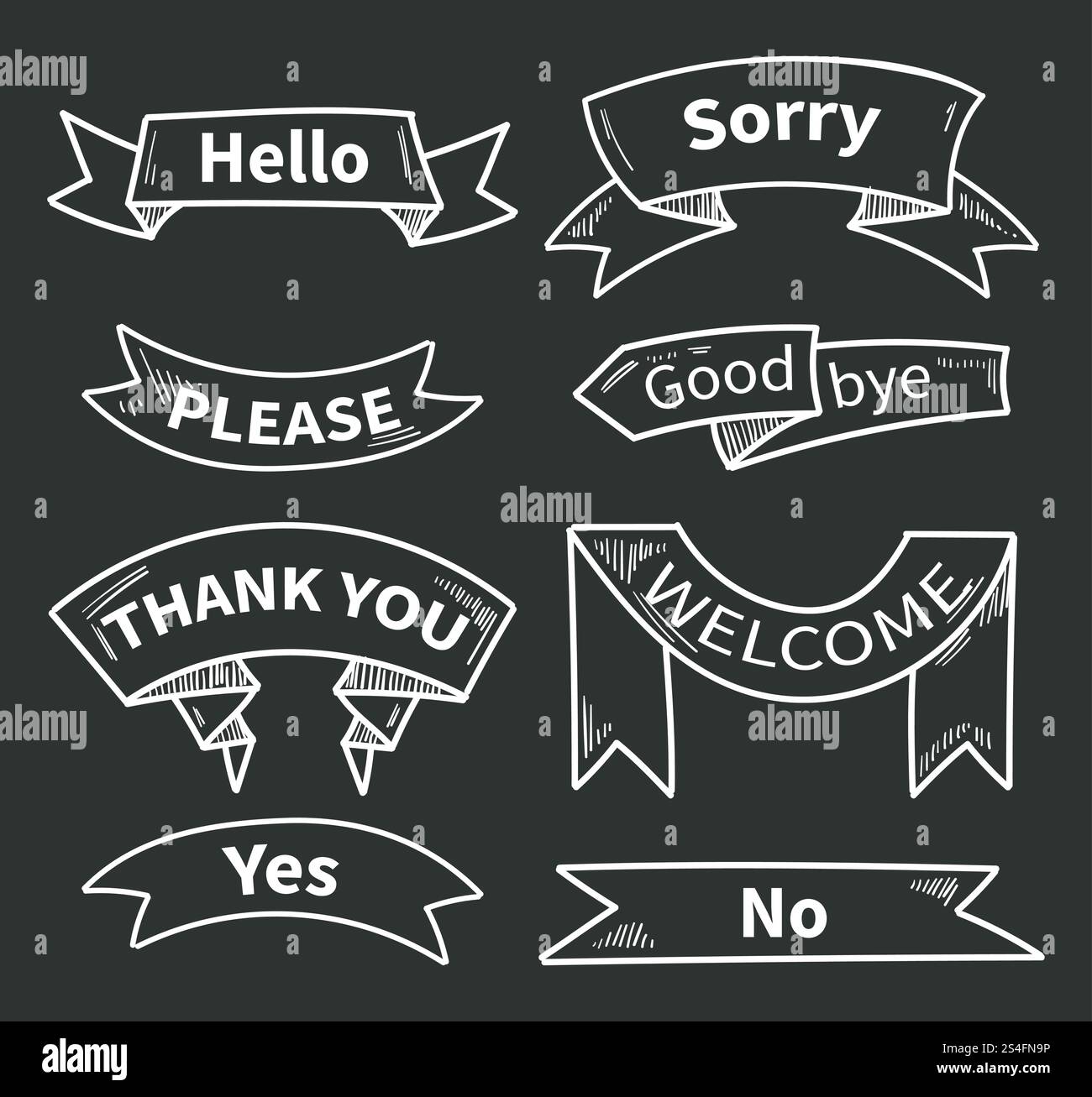 Mots de dialogue sur les rubans. Phrases courtes. Merci et bonjour, s'il vous plaît et oui, désolé et bienvenue. Ruban autocollant merci sur le tableau. Illustration vectorielle. Mots de dialogue sur les rubans. Phrases courtes. Merci, bonjour, s'il vous plaît, oui, non, désolé, bienvenue Illustration de Vecteur