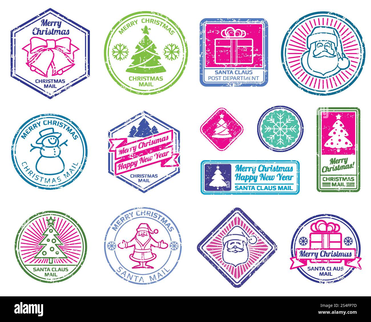Timbres-poste du Père Noël. Ensemble vecteur de décoration holydays d'hiver. Timbre-poste de noël, TAD couleur de Noël avec illustration du père noël. Timbres-poste du Père Noël. Ensemble vecteur de décoration holydays d'hiver Illustration de Vecteur