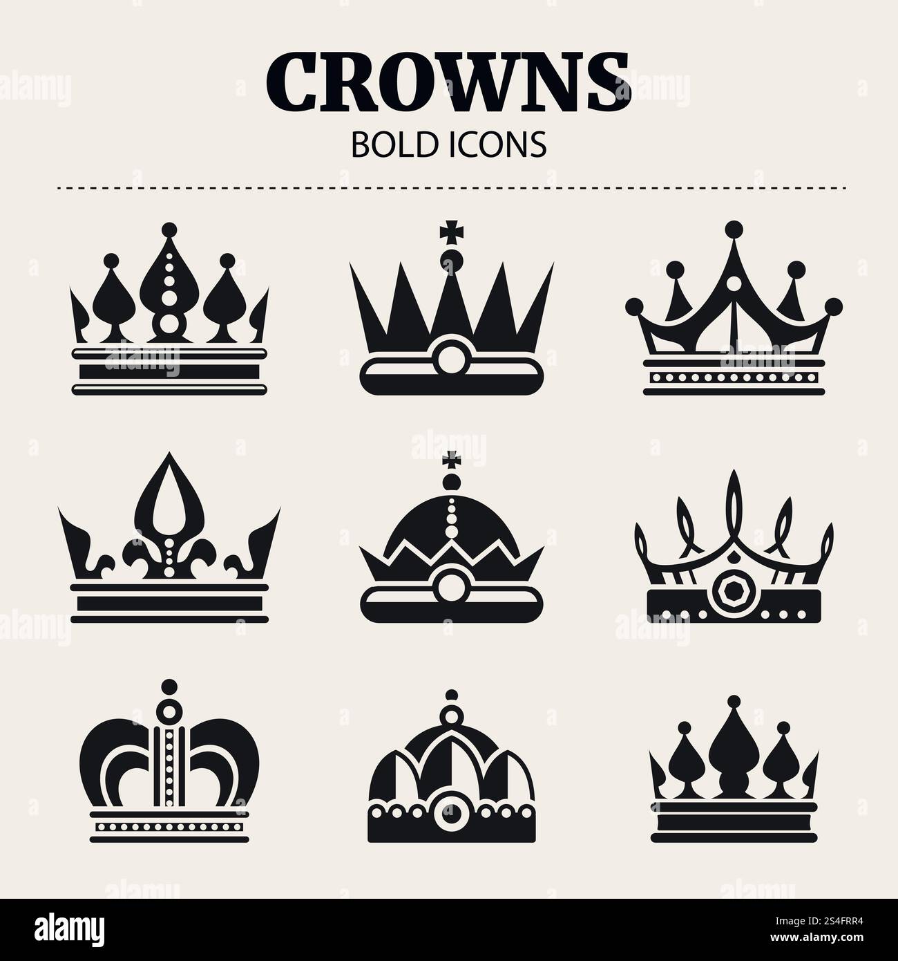 Icônes en gras de couronne noire. Ensemble vectoriel d'illustration plate de couronne. Icônes en gras de couronne noire. Ensemble de vecteurs Illustration de Vecteur
