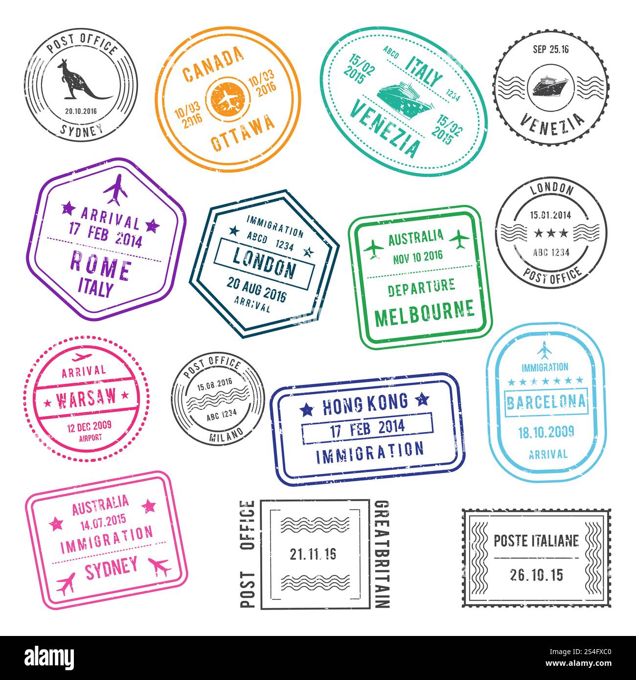 Timbres postaux et visas différents avec des noms d'aéroport et de ville, également avec des photos de voyage. Illustrations vectorielles ensemble de visa de timbre pour voyage international. Timbres postaux et visas différents avec des noms d'aéroport et de ville, également avec des photos de voyage. Jeu d'illustrations vectorielles Illustration de Vecteur