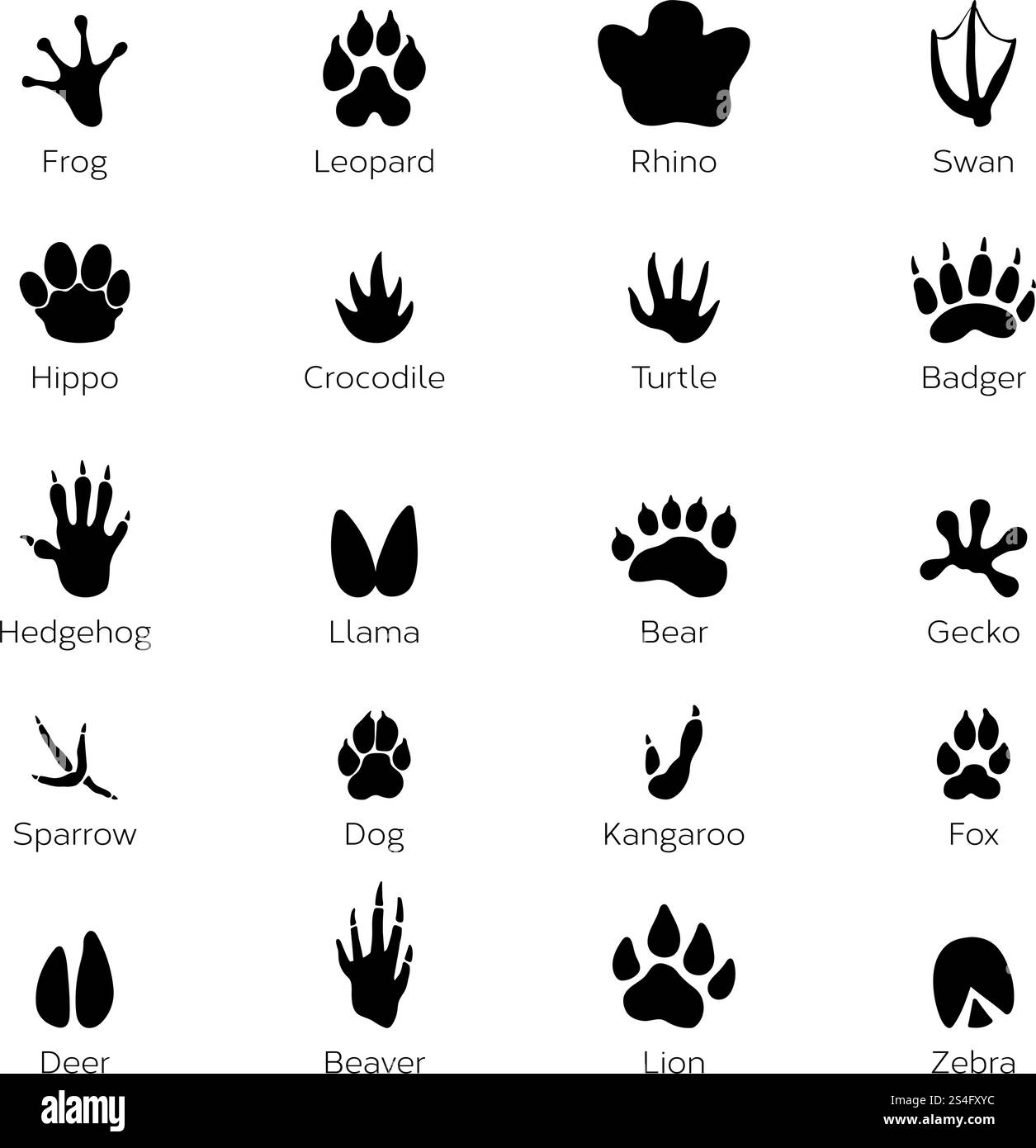 Empreintes noires formes d'animaux. Éléphant, léopard, reptile et tigre. Différentes étapes animaux grenouille et rhinocéros, cygne et hippopotame, crocodile et tortue illustration. Empreintes noires formes d'animaux. Éléphant, léopard, reptile et tigre. Différentes étapes Illustration de Vecteur