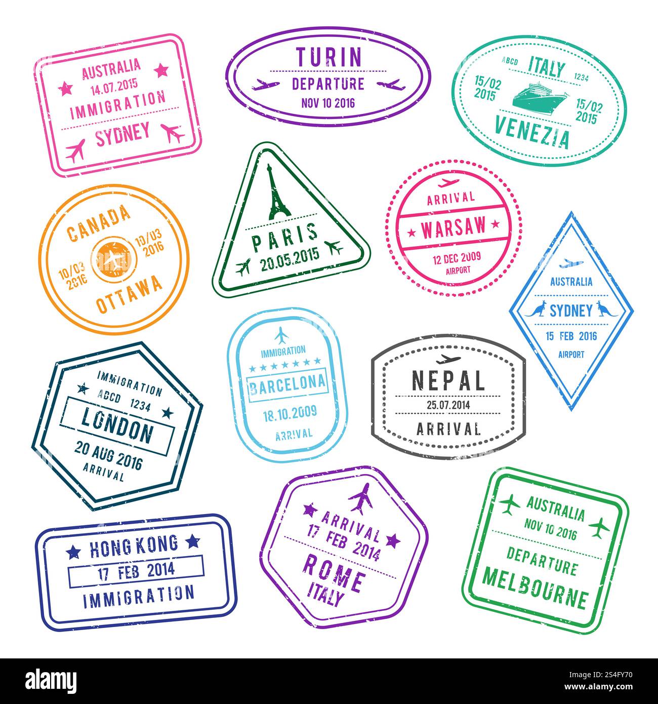 Timbre vectoriel dans le passeport pour les voyages ou l'immigration. Photos définies isolent sur blanc. Ensemble de timbre de couleur pour l'illustration de voyage de passeport. Timbre vectoriel dans le passeport pour les voyages ou l'immigration. Photos définies isolent sur blanc Illustration de Vecteur