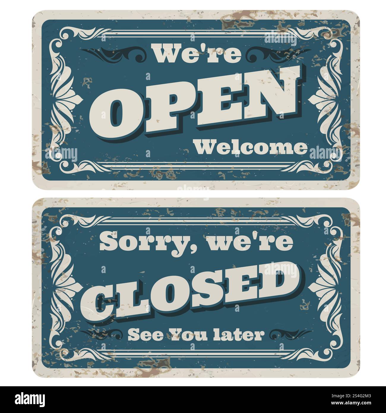 Rétro ouvert et fermé magasin vectoriel ou enseignes de pub avec texture métallique rouillée. Bannière vintage ouverte pour boutique, affiche de porte avec illustration fermée de texte. Rétro ouvert et fermé magasin vectoriel ou enseignes de pub avec texture métallique rouillée Illustration de Vecteur