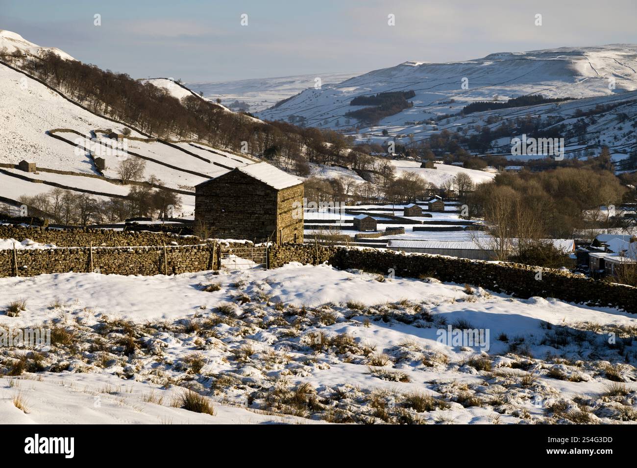 Un Swaledale enneigé, près de Thwaite, Yorkshire Dales National Park, Royaume-Uni, avec des granges traditionnelles. Banque D'Images