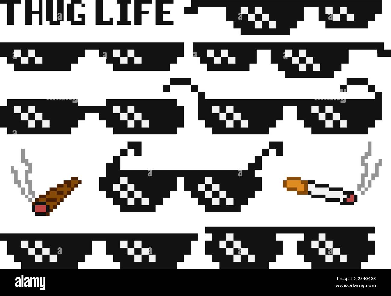 Lunettes de soleil de boss pixelisées drôles. Gangster, lunettes de voyous et jeu de vecteur de cigare. Illustration de lunettes pixel et cigarette 8bit style. Lunettes de soleil de boss pixelisées drôles. Gangster, lunettes de voyous et jeu de vecteur de cigare Illustration de Vecteur