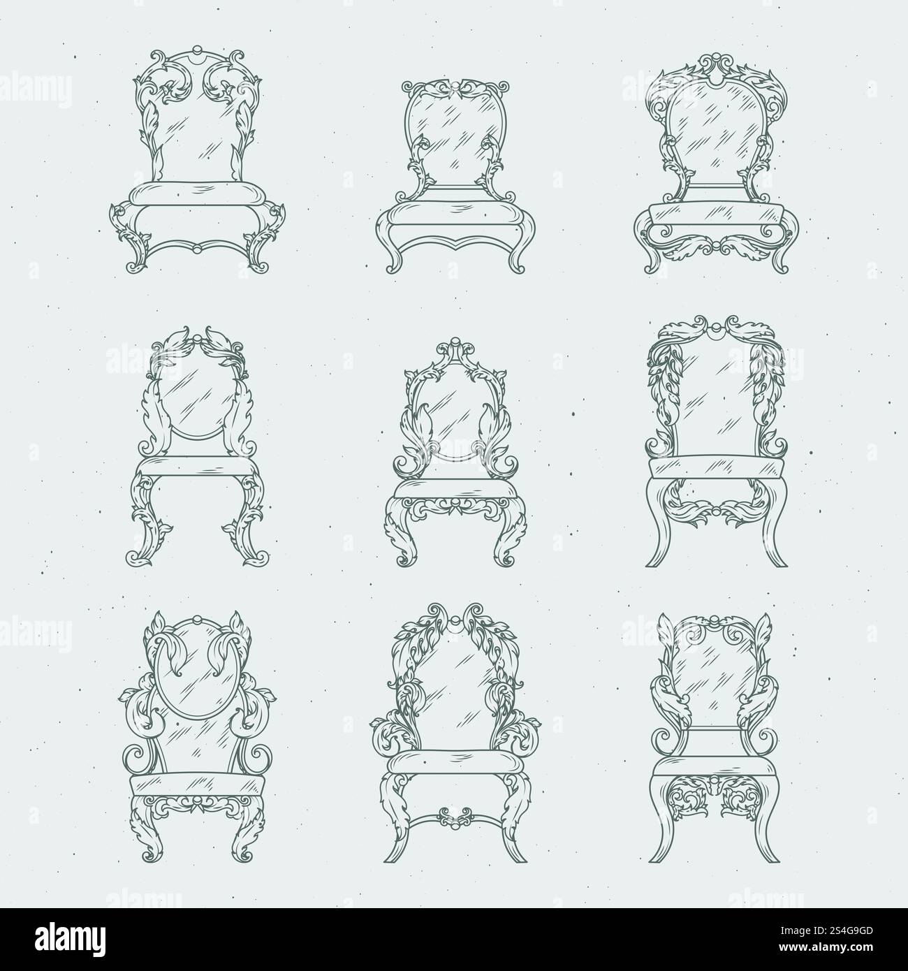 Chaises italiennes anciennes et fauteuil. Meubles vectoriels isolés en blanc. Chaise de meubles anciens pour la maison intérieure, illustration de chaise victorienne vintage. Chaises italiennes anciennes et fauteuil. Meubles vectoriels isolés en blanc Illustration de Vecteur