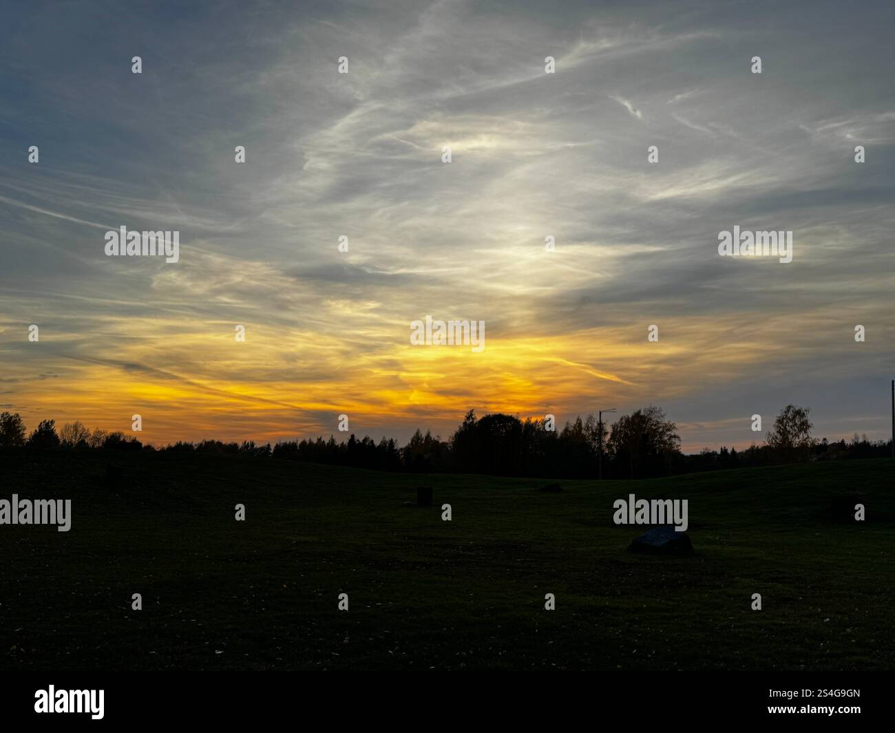 Coucher de soleil d'automne doré sur des champs herbeux en Finlande, mélangeant les teintes chaudes du ciel avec les verts doux de la campagne - Image de stock capturée avec un smartphone